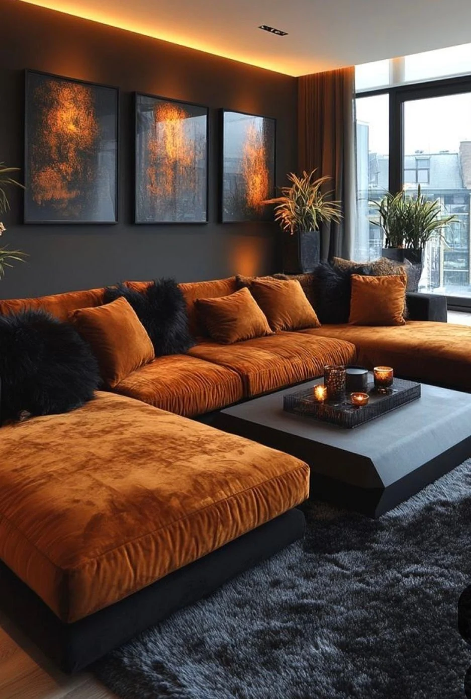 Detalhe de referência do manual StayDecor, com iluminação quente e tecidos em tons de laranja